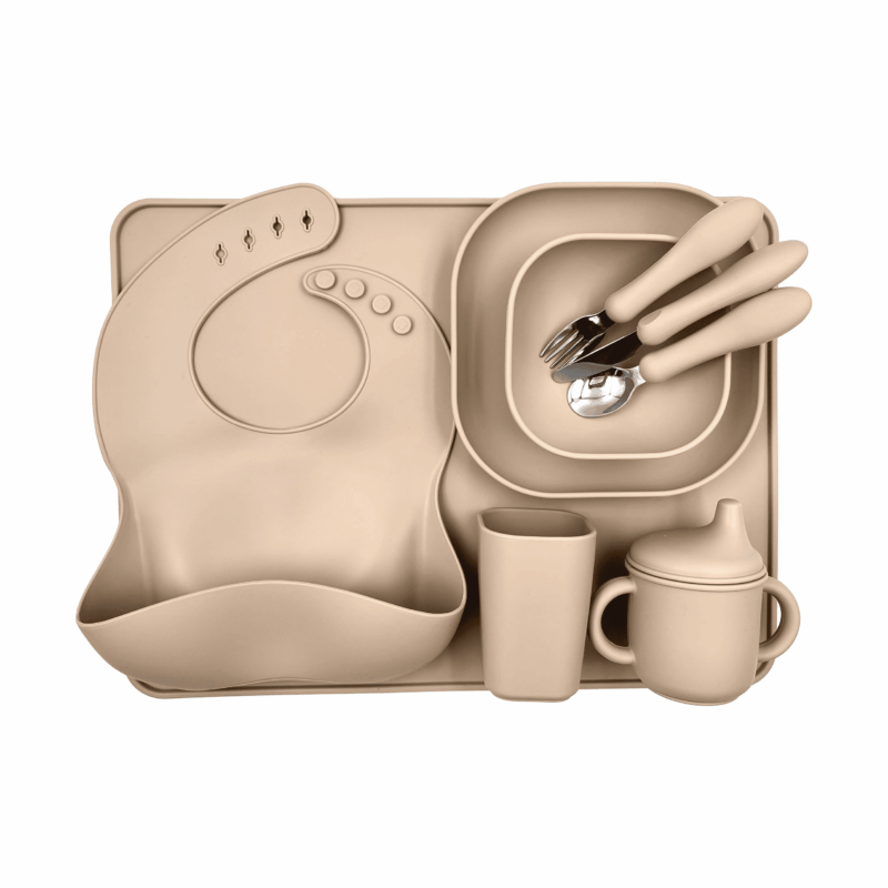 complete beige siliconen eetset voor kinderen