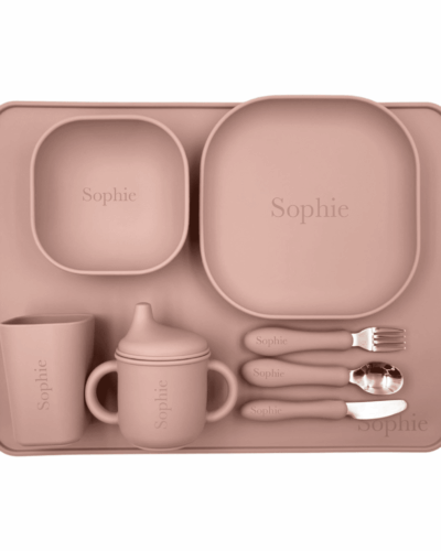 gepersonaliseerde pale pink siliconen eetset met naam voor kinderen
