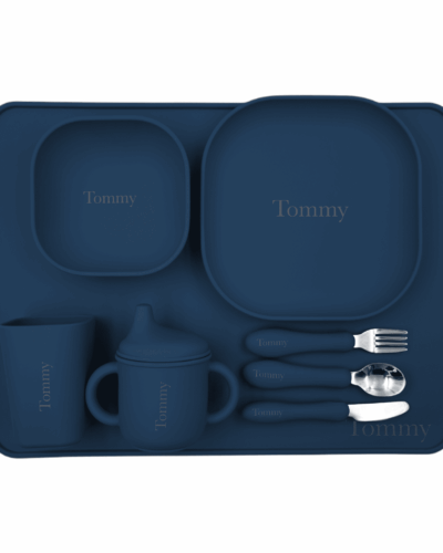 gepersonaliseerde marine blue siliconen eetset met naam voor kinderen