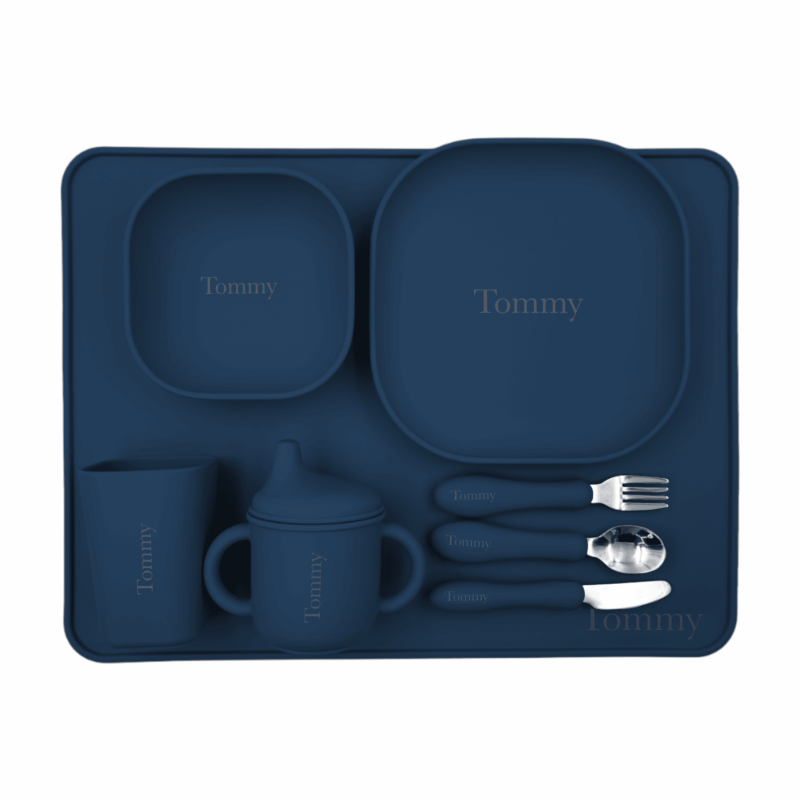 gepersonaliseerde marine blue siliconen eetset met naam voor kinderen