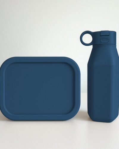 marineblauwe siliconen lunchbox drinkfles set