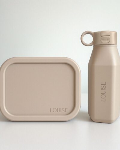 beige siliconen lunchbox drinkfles set met kleine naamgravure, 2-delig