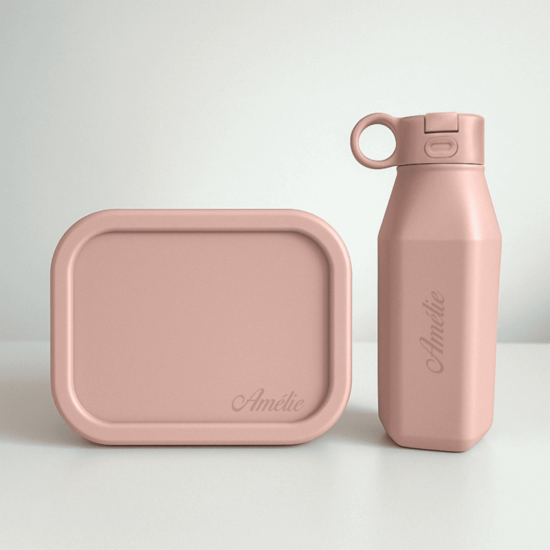 pale pink siliconen lunchbox drinkfles set met kleine naamgravure