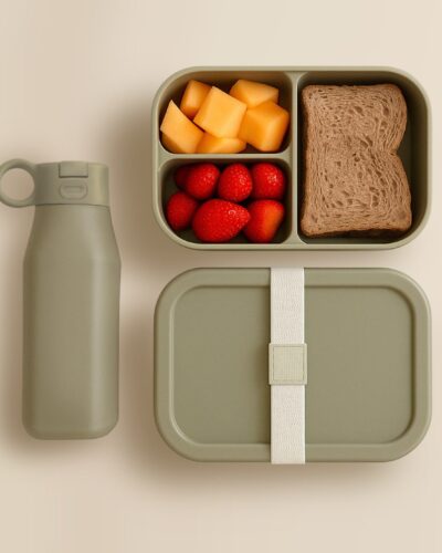 siliconen lunchbox en drinkfles set met inhoud, boterham en fruit zichtbaar