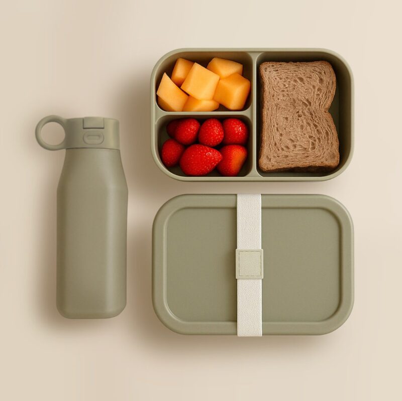 siliconen lunchbox en drinkfles set met inhoud, boterham en fruit zichtbaar