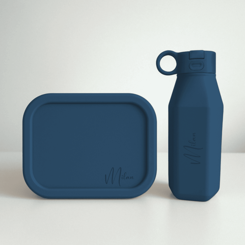 marine blue siliconen lunchbox drinkfles set met kleine naamgravure