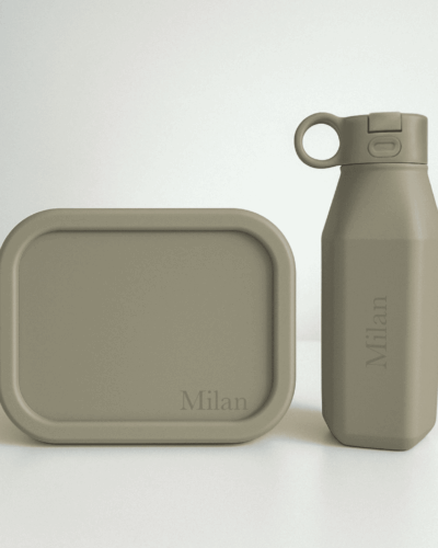 stone green siliconen lunchbox drinkfles set met kleine naamgravure