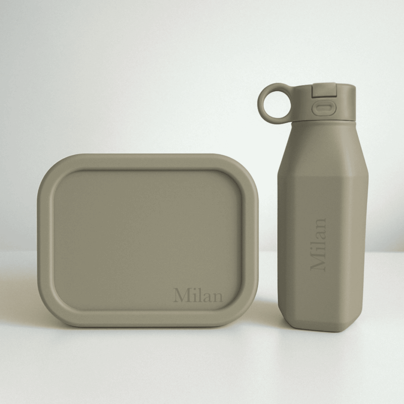 stone green siliconen lunchbox drinkfles set met kleine naamgravure