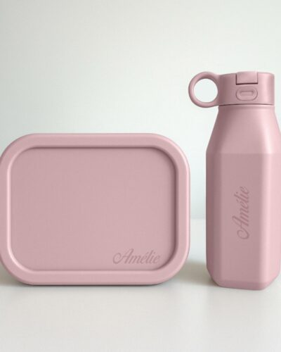 pale pink siliconen lunchbox drinkfles set met kleine naamgravure