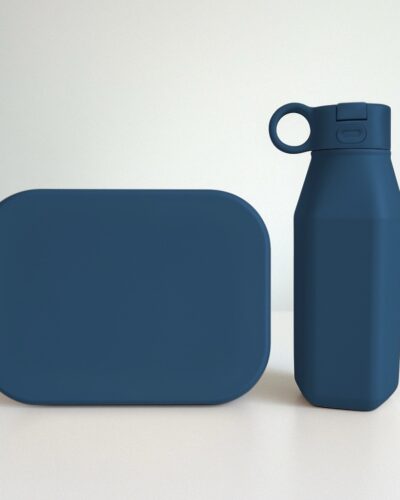 marineblauwe siliconen lunchbox drinkfles set
