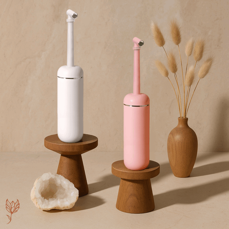 Roze en witte draagbare bidetflessen op houten standaarden in een serene Japandi setting, perfect voor persoonlijke hygiëne onderweg.