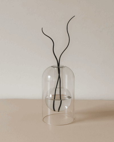 Japandi diffuser van borosilicaatglas met zwarte decoratieve takken, minimalistisch design op neutrale achtergrond