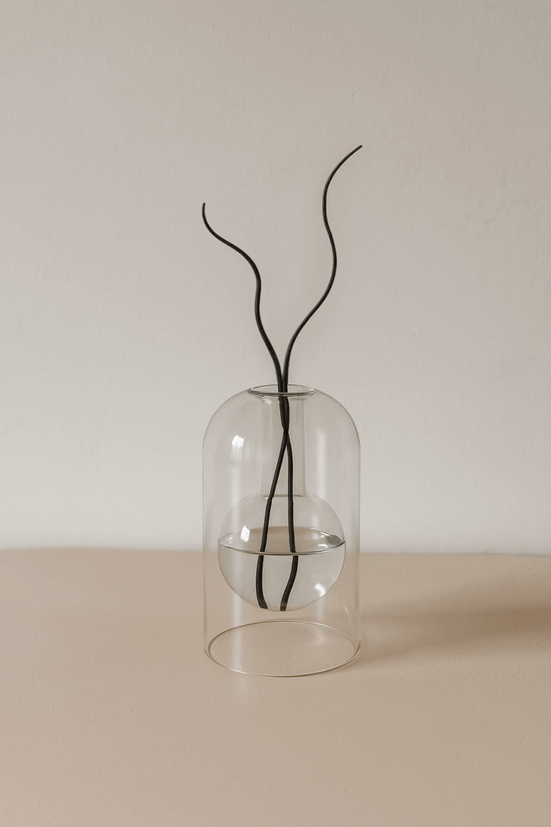 Japandi diffuser van borosilicaatglas met zwarte decoratieve takken, minimalistisch design op neutrale achtergrond