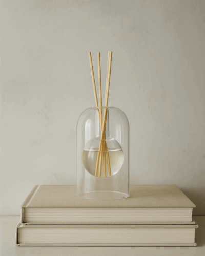 Japandi diffuser van borosilicaatglas met houten geurstokjes, geplaatst op twee beige boeken tegen een lichte muur