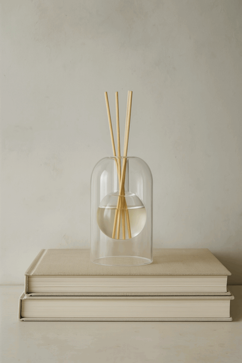 Japandi diffuser van borosilicaatglas met houten geurstokjes, geplaatst op twee beige boeken tegen een lichte muur