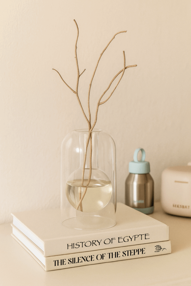 Japandi diffuser van borosilicaatglas met beige decoratieve takken, geplaatst op twee boeken met zachte knipoog naar het merk HEK&BAY
