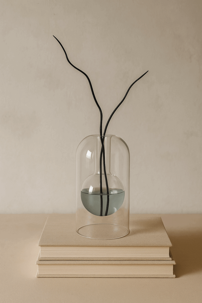 Japandi diffuser van borosilicaatglas met zwarte decoratieve takken en blauwgrijze vloeistof, geplaatst op twee beige boeken