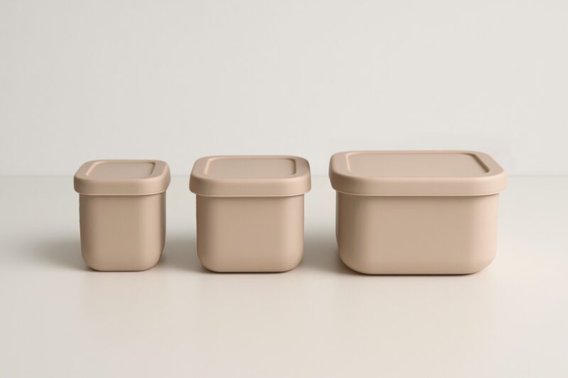 Drie beige snackdoosjes in een rechte lijn naast elkaar, deksels gesloten