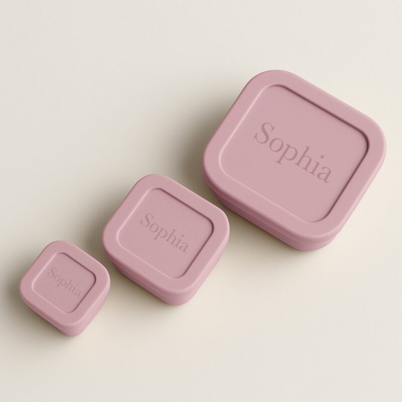 Bovenaanzicht van pale pink snackdoosjes met naam gegraveerd op de deksel