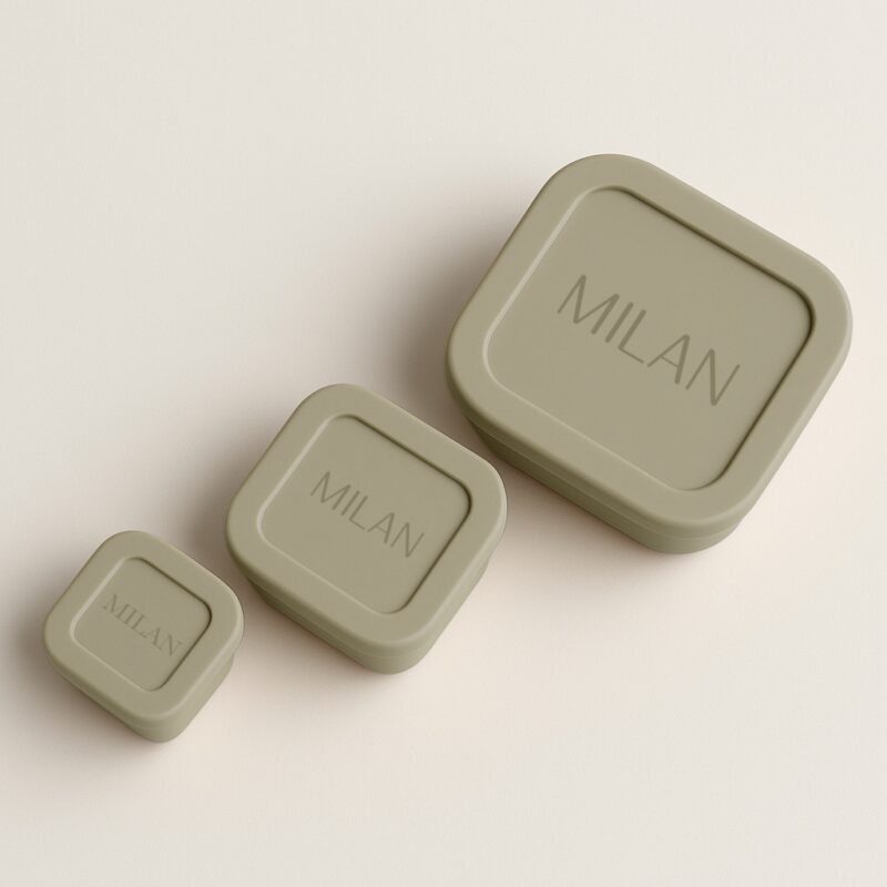 Bovenaanzicht van stone green snackdoosjes met naam gegraveerd op de deksel