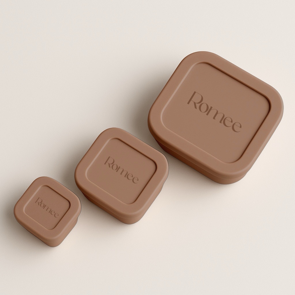 Snackdoosjes | Mokka | Siliconen | 3-Delige Set | Personaliseerbaar 2 Bovenaanzicht van mokka snackdoosjes met naam gegraveerd op de deksel