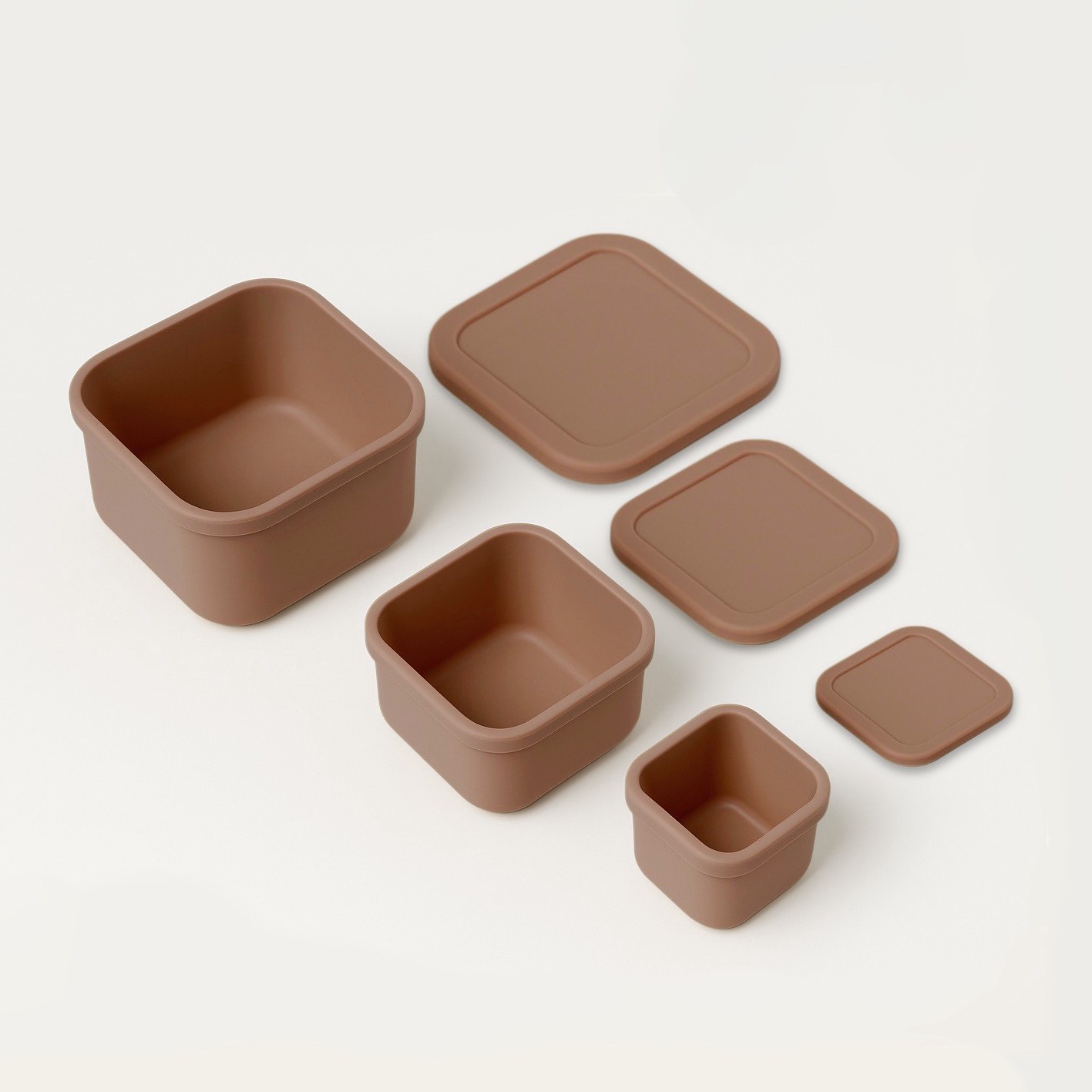 Snackdoosjes | Mokka | Siliconen | 3-Delige Set | Personaliseerbaar 5 Bovenaanzicht van snackdoosjes met open deksels, inhoud zichtbaar