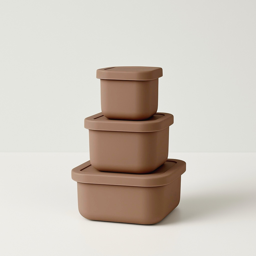 Snackdoosjes | Mokka | Siliconen | 3-Delige Set | Personaliseerbaar 1 Mokka siliconen snackdoosjes op elkaar gestapeld