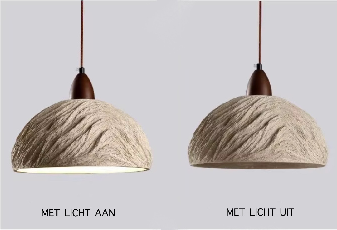 Wabi Sabi | Japanse Hanglamp | Beton | Hout 16 beton hanglamp met licht aan en uit naast elkaar