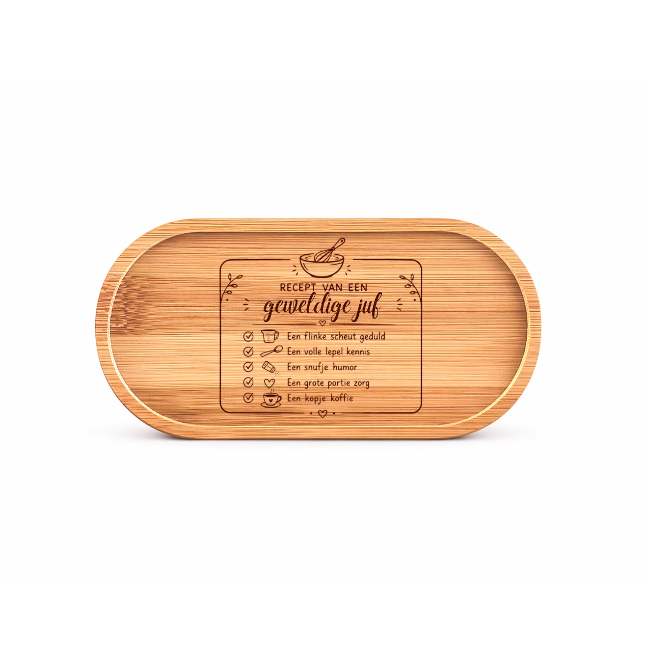 Serveerplankje | Onderzetter | Bamboe | Recept Van Een Geweldige Juf 1 Origineel cadeau juf - bamboe serveerplankje met tekst Recept van een geweldige juf