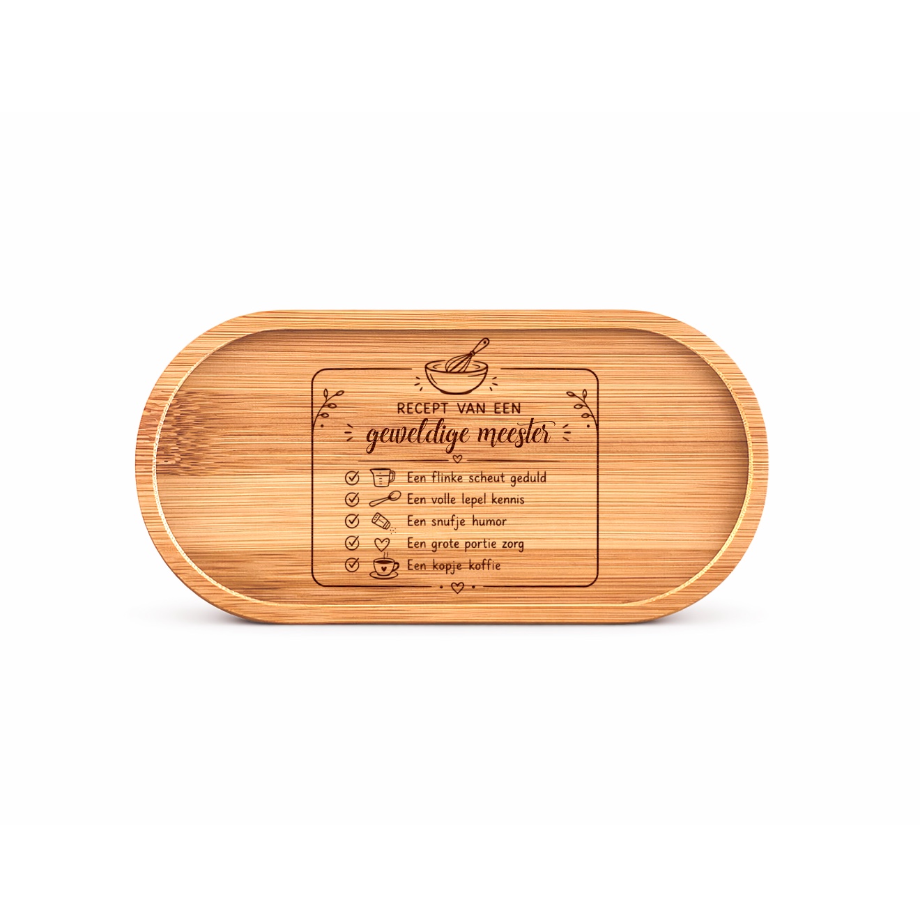 Serveerplankje | Onderzetter | Bamboe | Recept Van Een Geweldige Meester 1 Origineel cadeau meester - bamboe serveerplankje met tekst Recept van een geweldige meester