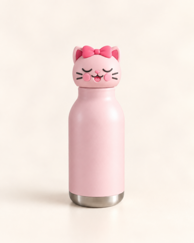 RVS kinderdrinkfles Poppy Poes van HEK&BAY, vooraanzicht met de poezendop erop