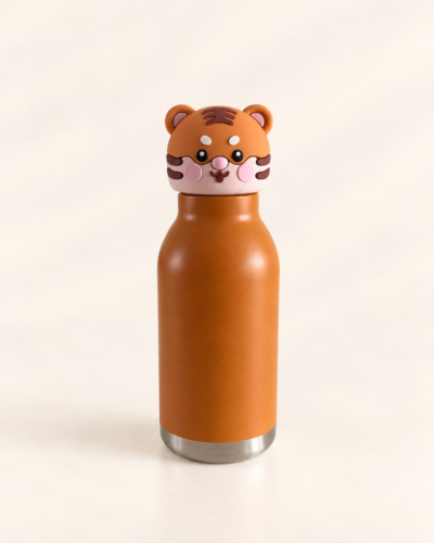 RVS kinderdrinkfles Timo Tijger van HEK&BAY, vooraanzicht met de tijgerdop erop