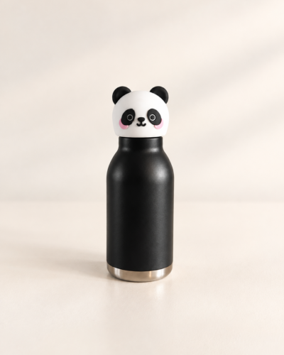 RVS kinderdrinkfles Pablo Panda van HEK&BAY, vooraanzicht met de pandadop erop