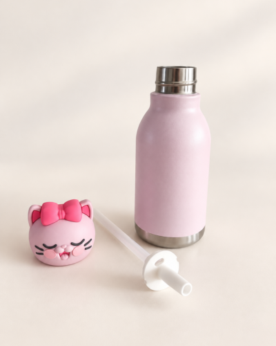 Poppy Poes kinderdrinkfles vooraanzicht met de dop en het siliconen rietje los ernaast